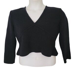 St John Basics L Black Ribbed V Neck Cropped‎ Sweater Top USA
